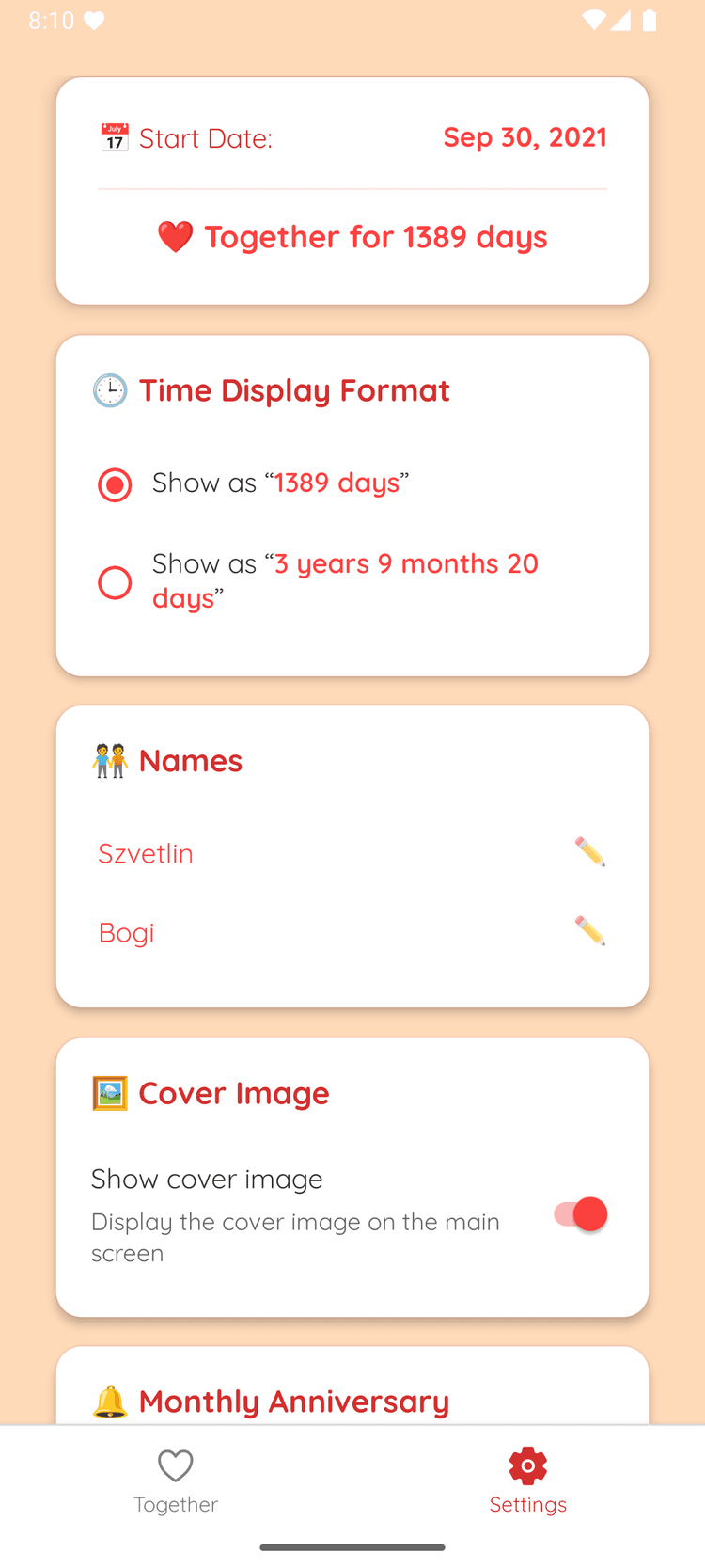 Settings screen
