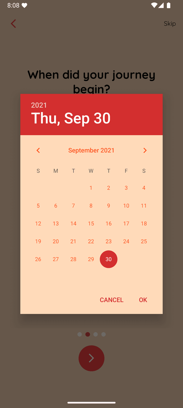 Relationship date selector screen