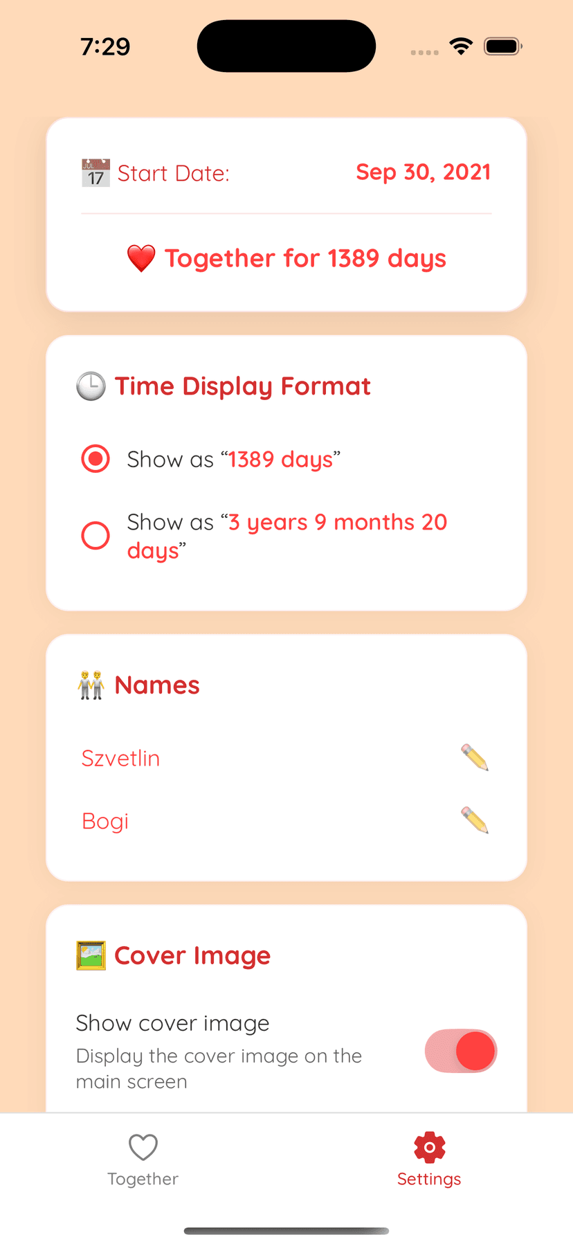 Settings screen