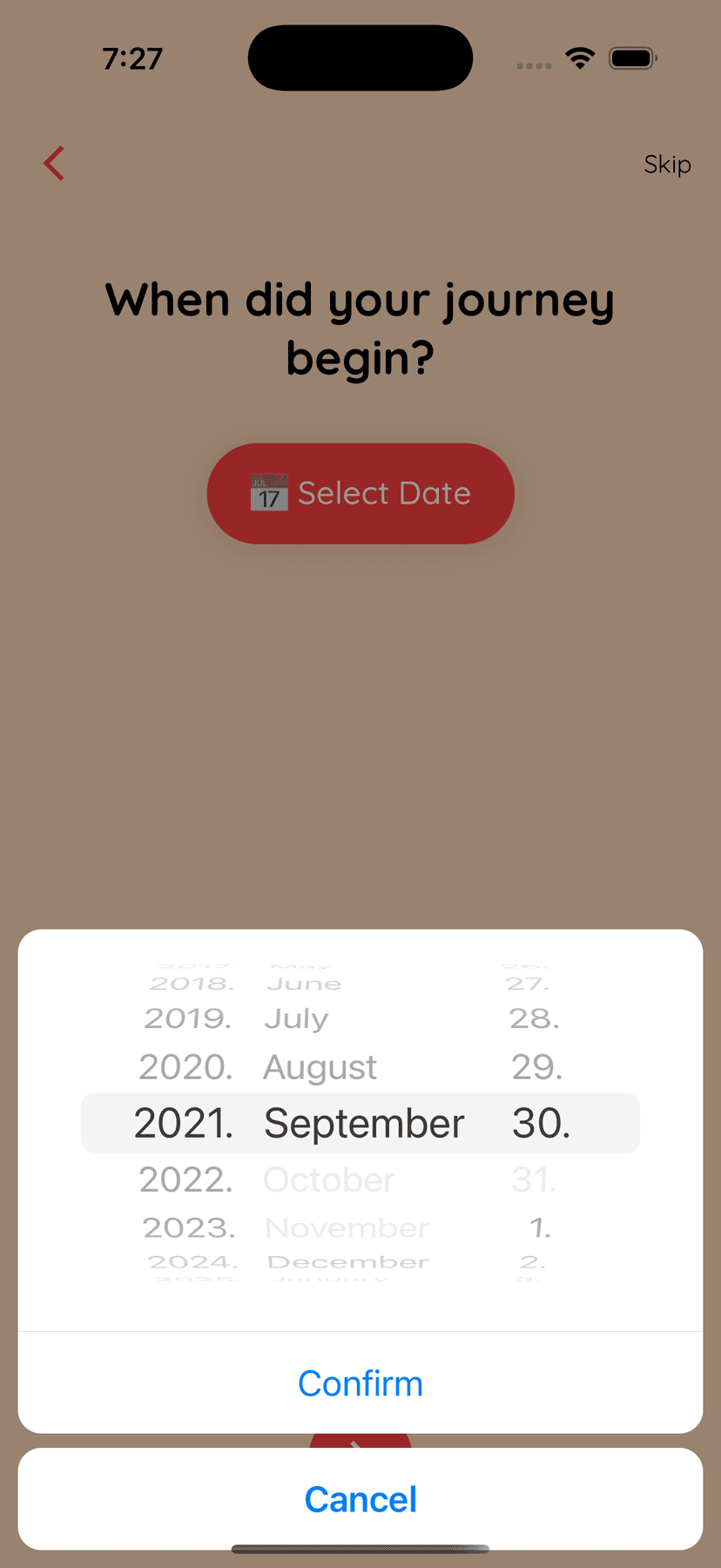 Relationship date selector screen